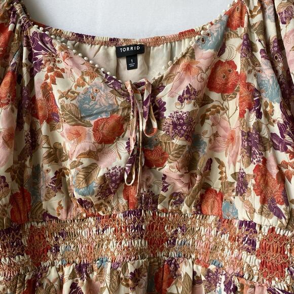 Torrid Georgette Eyelet Puff Sleeve Floral Top Women 1X Multicolor Smocked Waist - Picture 4 of 11